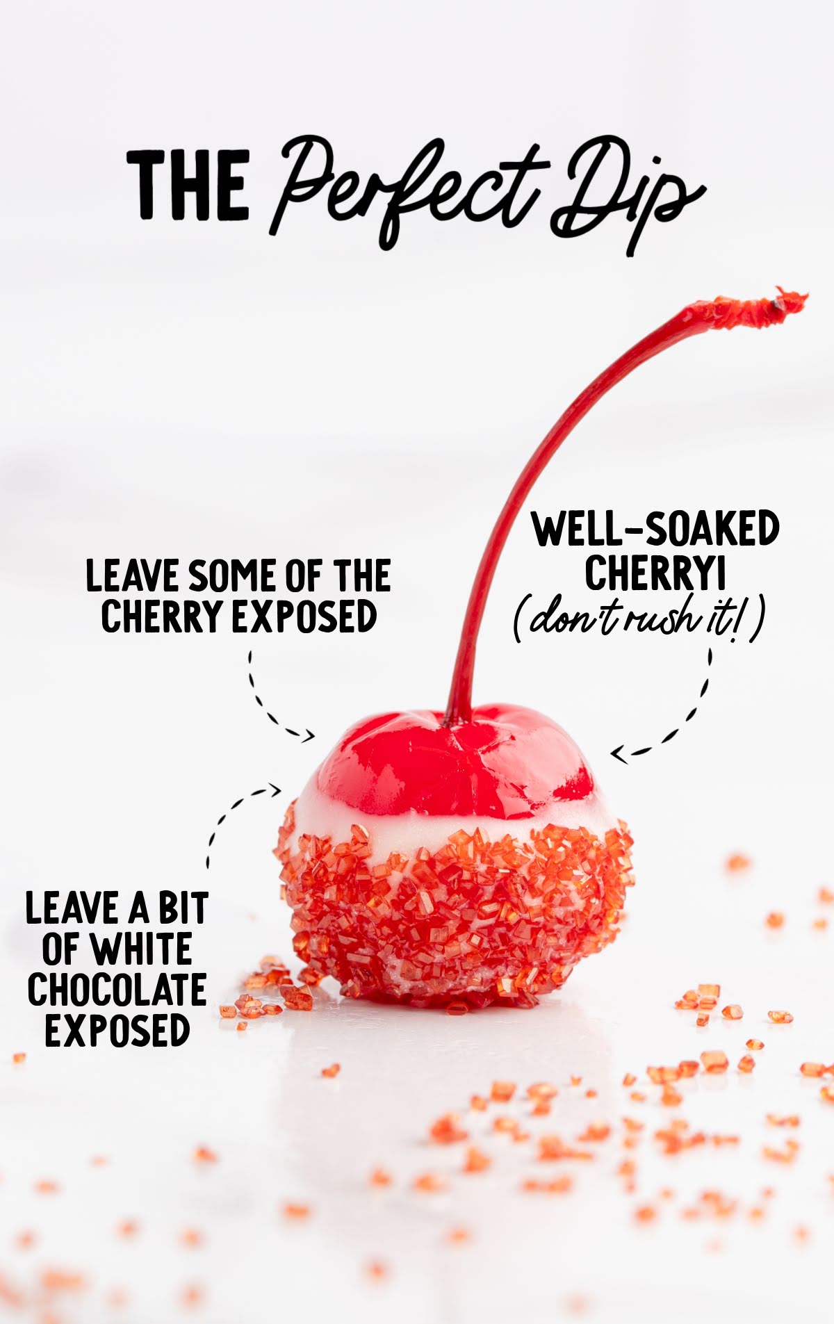 Step-by-step labeled image showing how to dip a Fireball-soaked cherry in white chocolate and red sanding sugar.