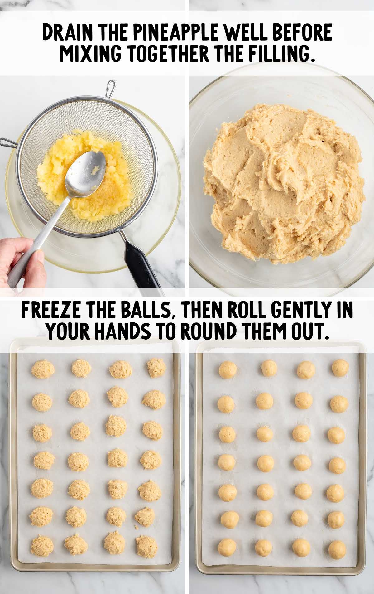 Step-by-step process showing drained pineapple, truffle dough, shaped balls on baking sheets, ready for freezing.