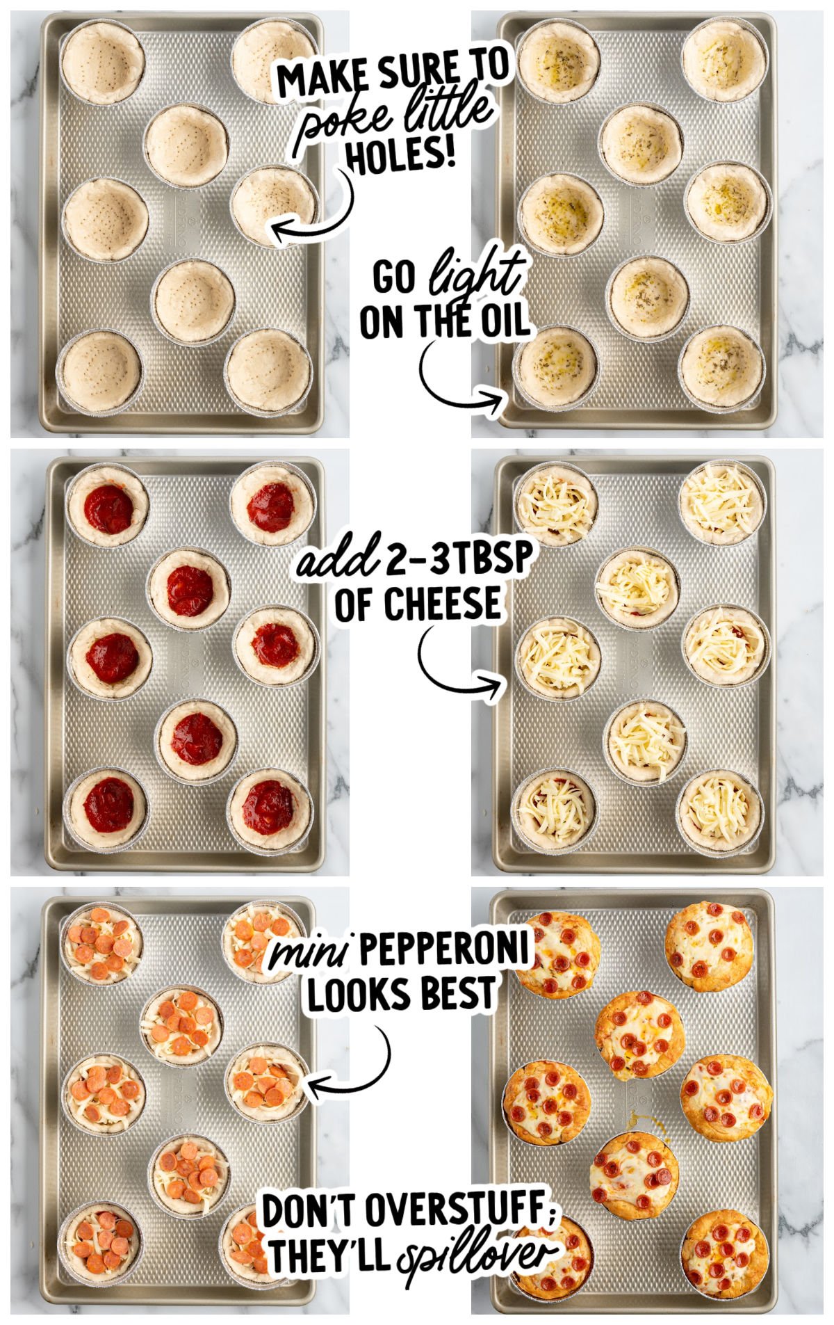 Step-by-step collage showing pizza pot pie assembly in foil cups with captions about oiling, adding sauce, cheese, and pepperoni before baking.
