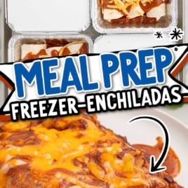 Meal prep freezer enchiladas in foil pans topped with cheese and sauce, text overlay "Meal Prep Freezer-Enchiladas."