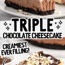 Pinterest collage featuring layered triple chocolate cheesecake slices with text overlays.