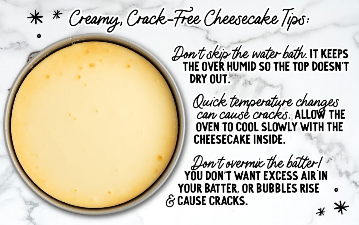 Cheesecake baking tips graphic explaining how to keep cheesecake creamy and crack-free.