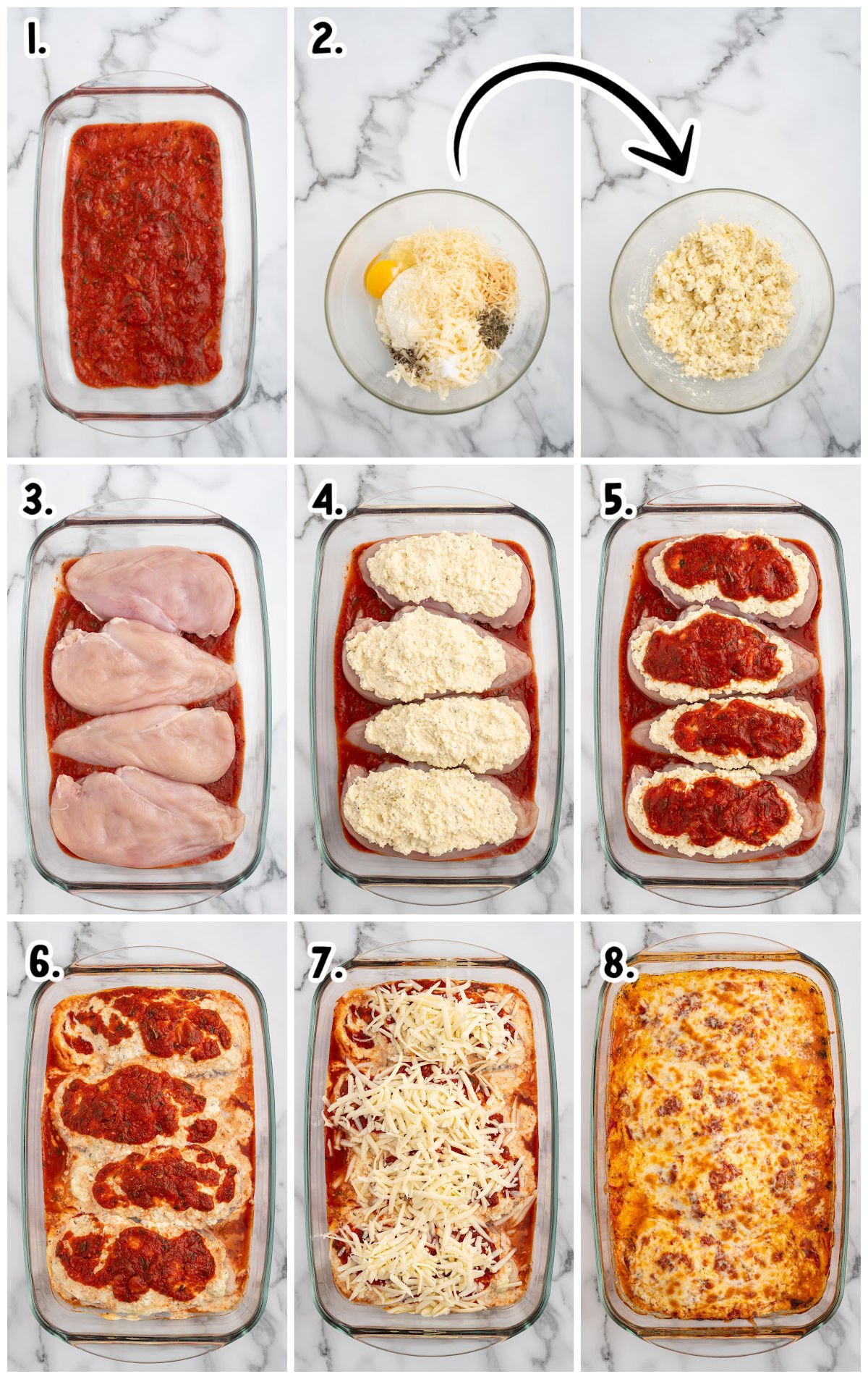 Step-by-step collage showing how to assemble ricotta chicken with marinara, ricotta mixture, and cheese before baking.