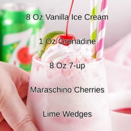 Step-by-step Shirley Temple float recipe listing vanilla ice cream, grenadine, 7Up, whipped cream, and cherries.