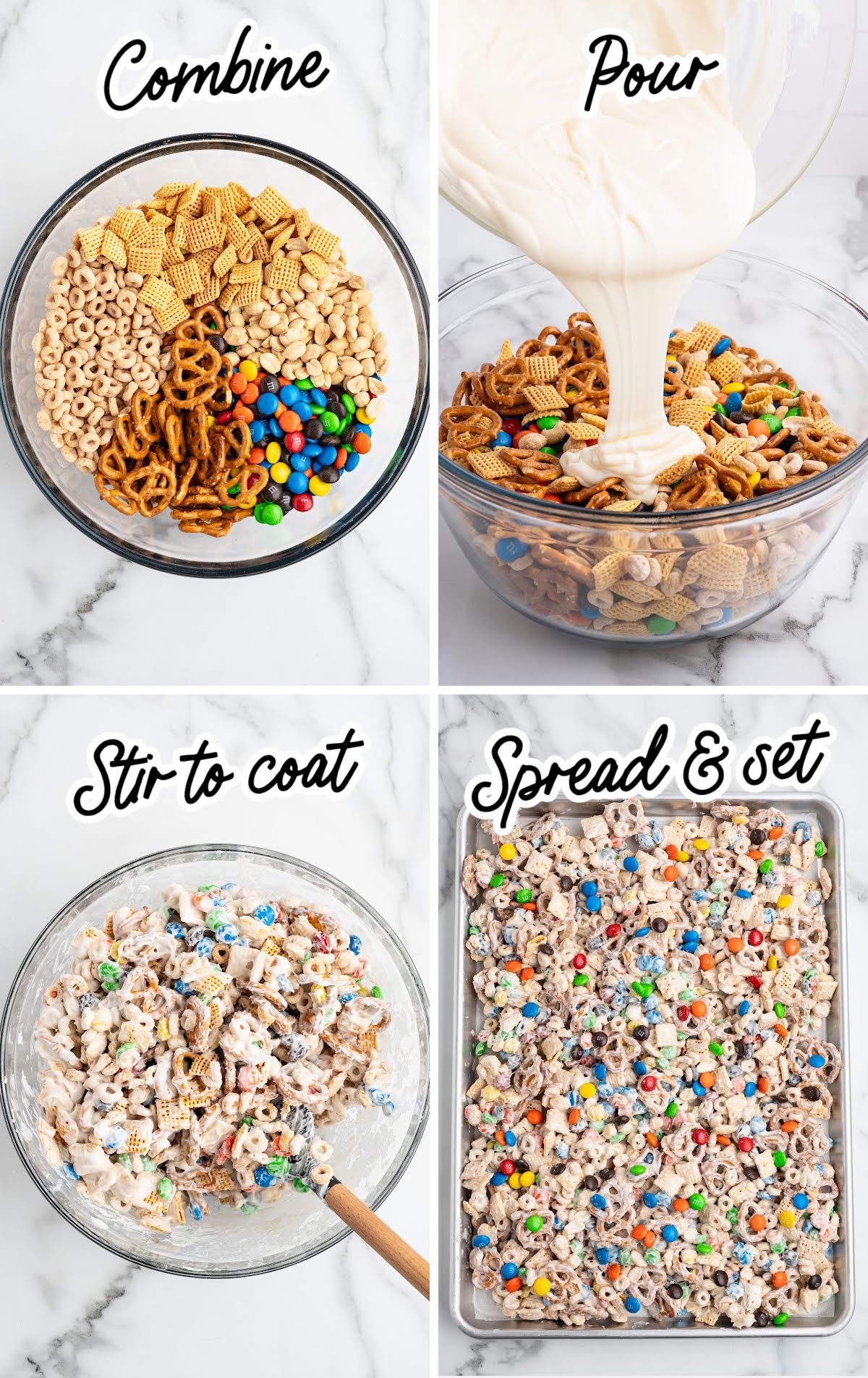 Step-by-step collage showing how to make white chocolate snack mix — combining cereals, pretzels, peanuts, and M&Ms, pouring melted almond bark, stirring to coat, then spreading the mix on a baking sheet to set.