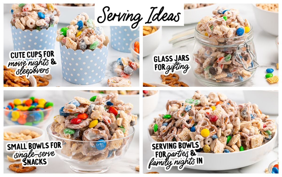 Serving ideas for white chocolate snack mix, including blue paper cups for movie nights, glass jars for gifting, small bowls for single servings, and large bowls for parties and family nights.