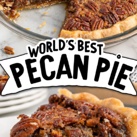 A pecan pie with a missing slice, revealing its gooey interior, sits in a glass pie dish. Below, a slice is served on a plate. Text reads: Worlds Best Pecan Pie Recipe and Vintage Recipe.