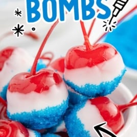 Boozy cherry bombs dipped in white chocolate with red white and blue sugar coating