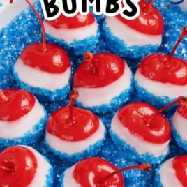 4th of July cherry bombs made with vodka soaked cherries in white chocolate