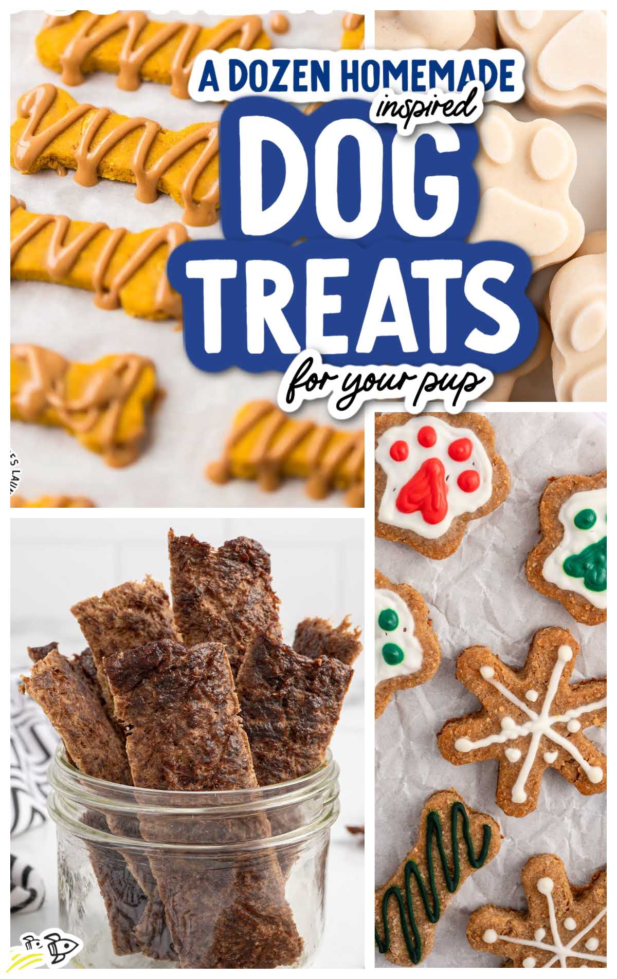 Collage of homemade dog treats including bone-shaped biscuits with drizzle, dark meat-based strips in a jar, and iced, holiday-shaped cookies.