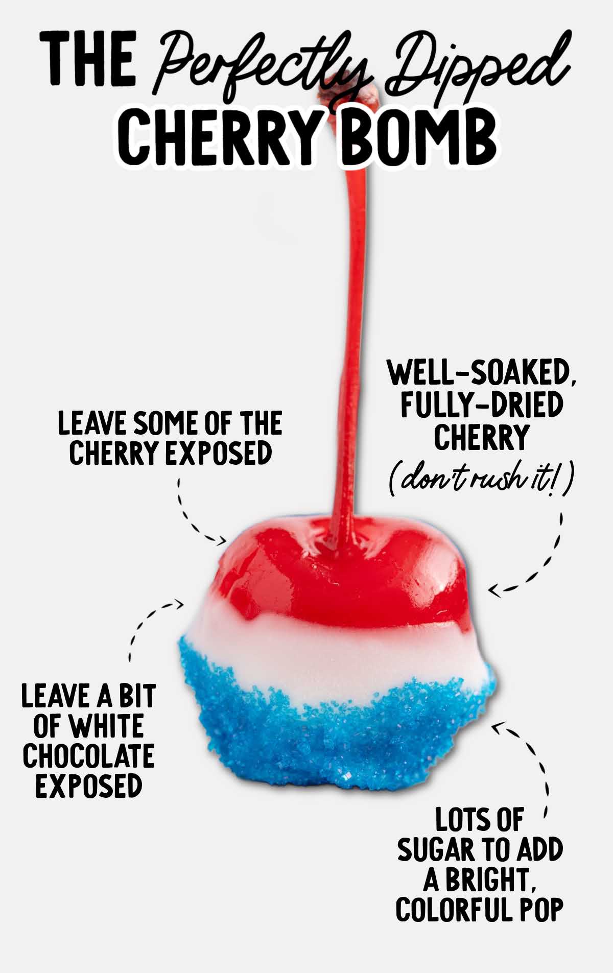 Close up of finished red white and blue cherry bombs with white chocolate and blue sanding sugar