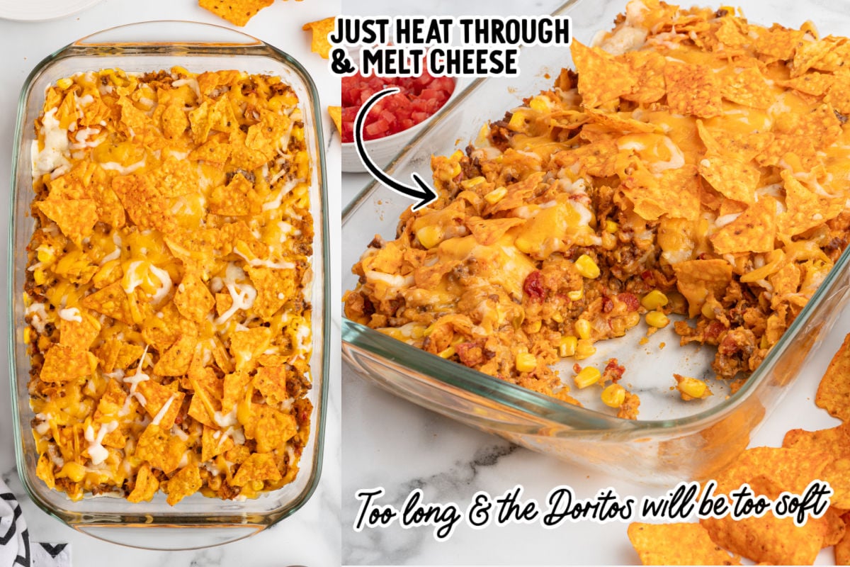 Process image showing Doritos taco casserole in a glass baking dish after baking, with melted cheese and crushed Doritos, highlighting the final heat-through step before serving
