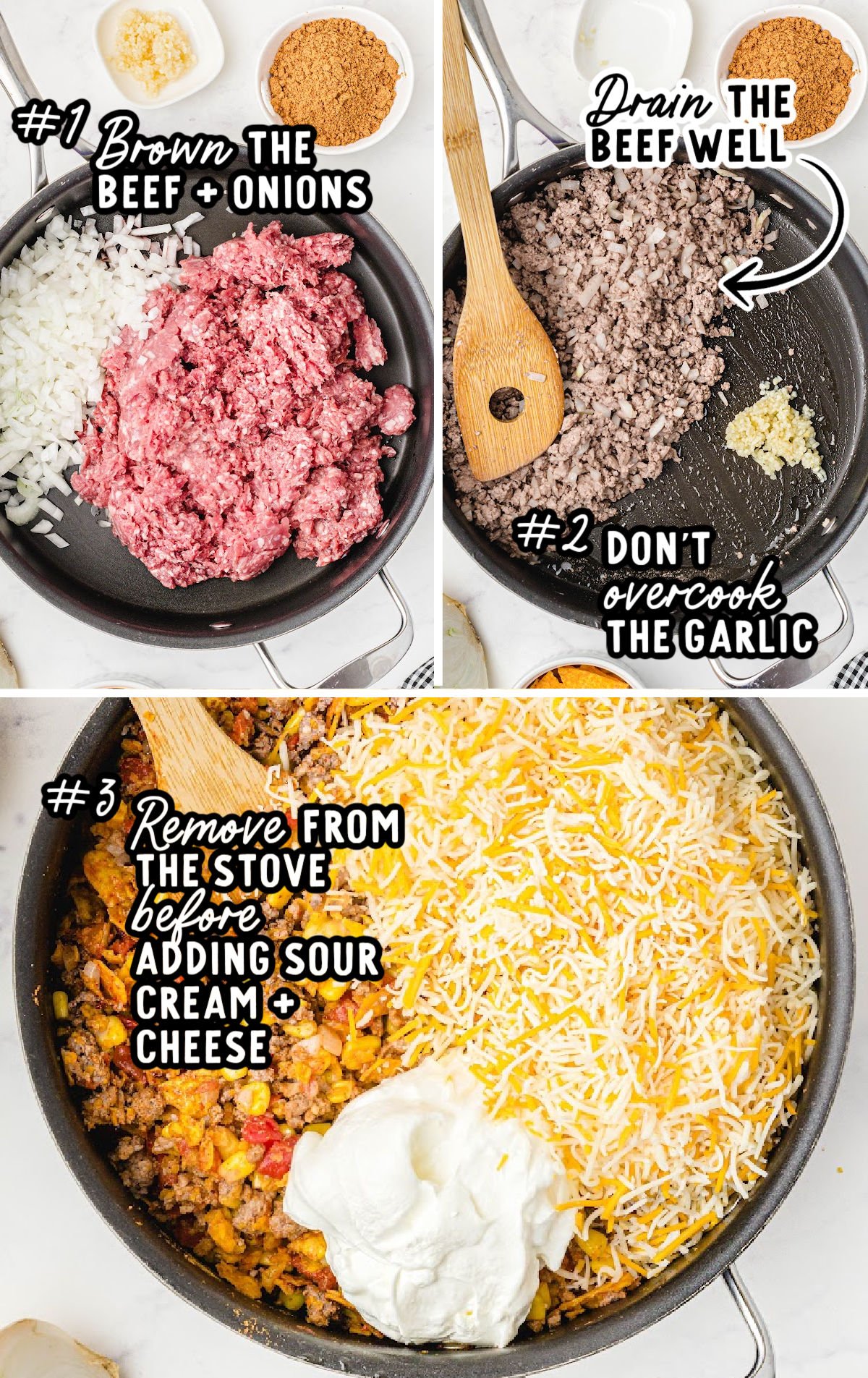 Process image showing sour cream and shredded cheese added to taco beef mixture off the heat