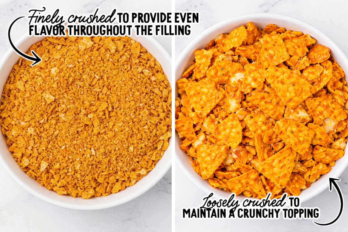 a two image collage of Doritos finely crushed in a bowl two ways.