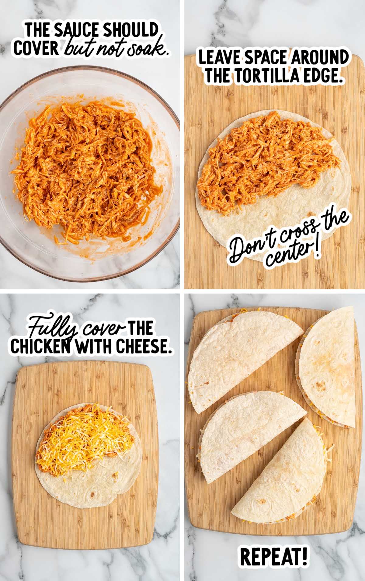 Shredded buffalo chicken mixed with sauce in a bowl for quesadillas