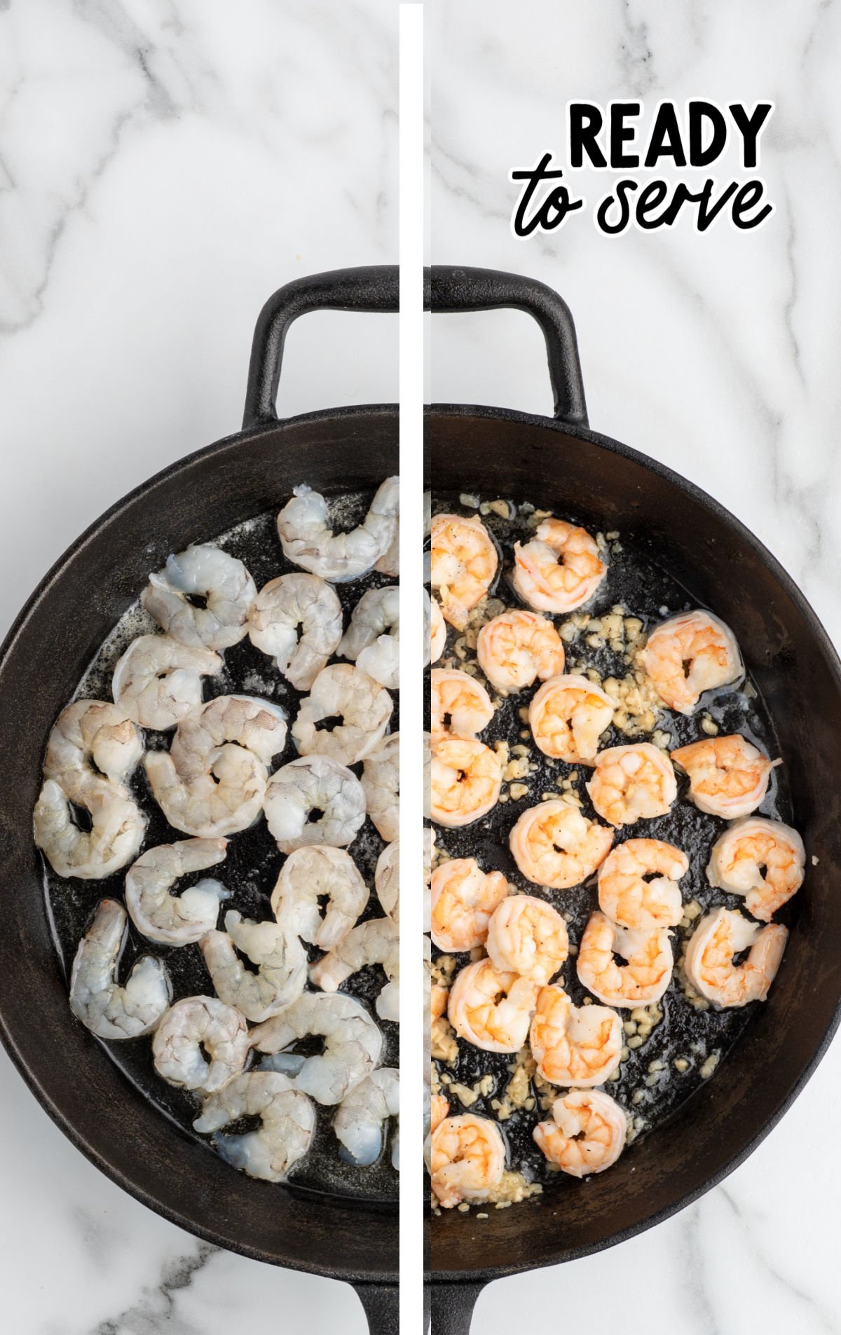 Skillet showing raw shrimp on the left and cooked shrimp on the right during the shrimp alfredo cooking process.