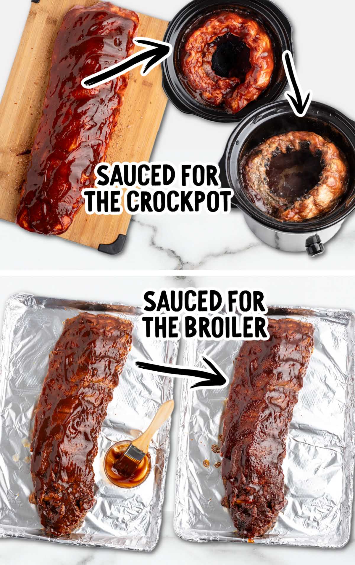 BBQ baby back ribs sauced in the slow cooker and brushed with sauce before broiling