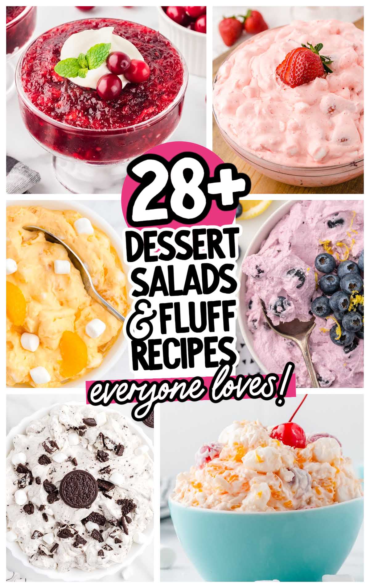 a collage of dessert salads and fluff recipes