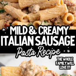 a close up of creamy Italian sausage pasta