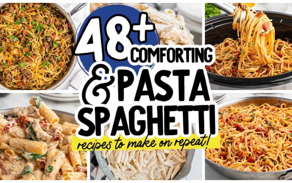 a collage of pasta and spaghetti dinner recipes