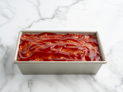 A rectangular metal loaf pan filled with uncooked meatloaf topped with a layer of ketchup sits on a white marble surface, ready to become a classic Meatloaf Recipe.