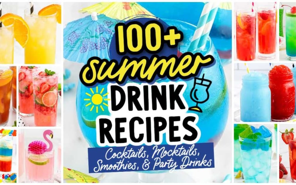 Collage of colorful summer drinks with text: “100+ summer drink recipes: cocktails, mocktails, smoothies, & party drinks.” Refreshing citrus, blue, red, and tropical beverages fill glasses and mason jars. Perfect inspiration for your next gathering!.