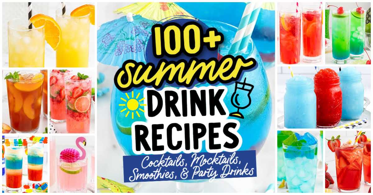 Collage of colorful summer drinks with text: “100+ summer drink recipes: cocktails, mocktails, smoothies, & party drinks.” Refreshing citrus, blue, red, and tropical beverages fill glasses and mason jars. Perfect inspiration for your next gathering!.