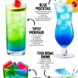 Colorful infographic featuring summer drink recipes and images of four vibrant drinks: Blue Mocktail, Tipsy Mermaid, Fish Bowl Drink, and Jolly Rancher Drink—each in a glass with fruity garnishes and bright layers of cocktails and mocktails.