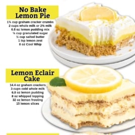 Infographic titled โ12+ Easy No-Bake Lemon Desserts to Make Again and Againโ features images, ingredients, and brief descriptions for No Bake Lemon Pie, Lemon Eclair Cake, and Lemon Lasagnaโeach topped with whipped cream and lemon slices.