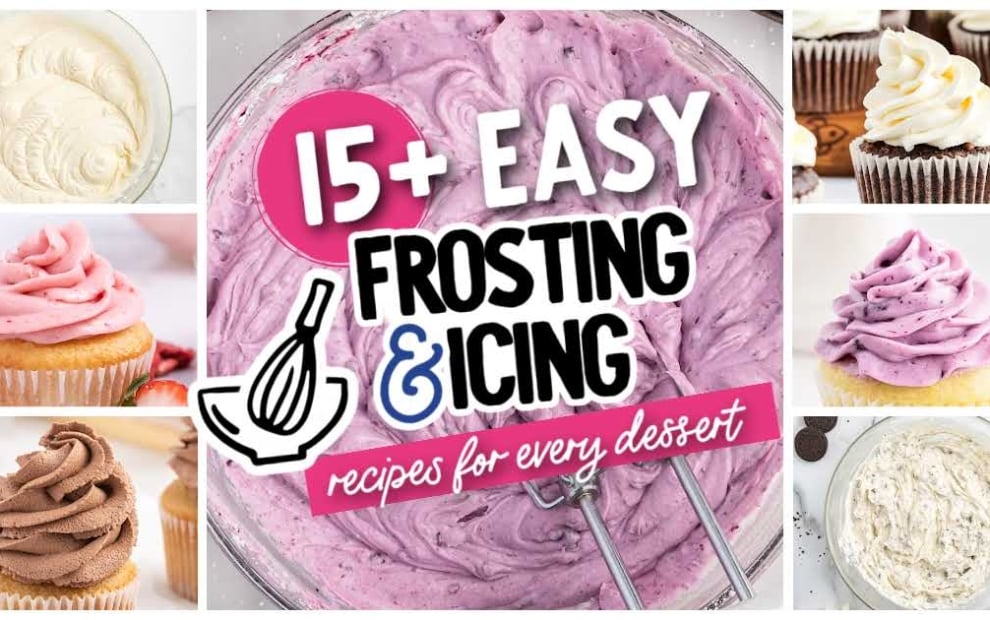 A collage of cupcakes with different frosting flavors surrounds a central text that reads &ldquo;15+ Easy Frosting & Icing Recipes for Any Dessert&rdquo; over a bowl of purple frosting with a whisk.
