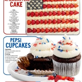 A festive 4th of July dessert flyer featuring an American flag cake, chocolate Pepsi cupcakes with berries, and a layered trifle—just a taste of our 30+ 4th of July Desserts for BBQs, Potlucks and Parties, all decked in red, white, and blue.