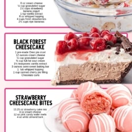 A colorful recipe graphic featuring four Easy Cheesecake Recipes: strawberry banana cheesecake salad in a bowl, a slice of black forest cheesecake, pink strawberry cheesecake bites, and a whole no-bake cheesecake topped with strawberries.