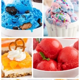 A collage of colorful summer dessertsโblue and pink ice cream, strawberry sorbet, orange sherbet, lemon cookies, and moreโsurrounds a bright โ100+ Easy Summer Desserts - Ice Cream, No-Bake Treats, and Fruity Favoritesโ banner.