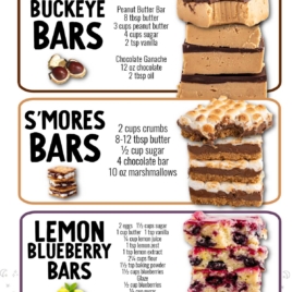 Infographic titled 40+ Of The Best Ever Dessert Bars and Squares featuring four top recipes: Buckeye Bars, Sโmores Bars, Lemon Blueberry Bars, and Cherry Pie Bars, each showcased with a tempting image of the dessert.
