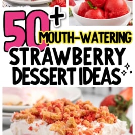 A collage of strawberry desserts, from cake to sorbet and layered treats, with bold text reading 50+ Strawberry Dessert Ideas For Strawberry Season and Beyond in the center.