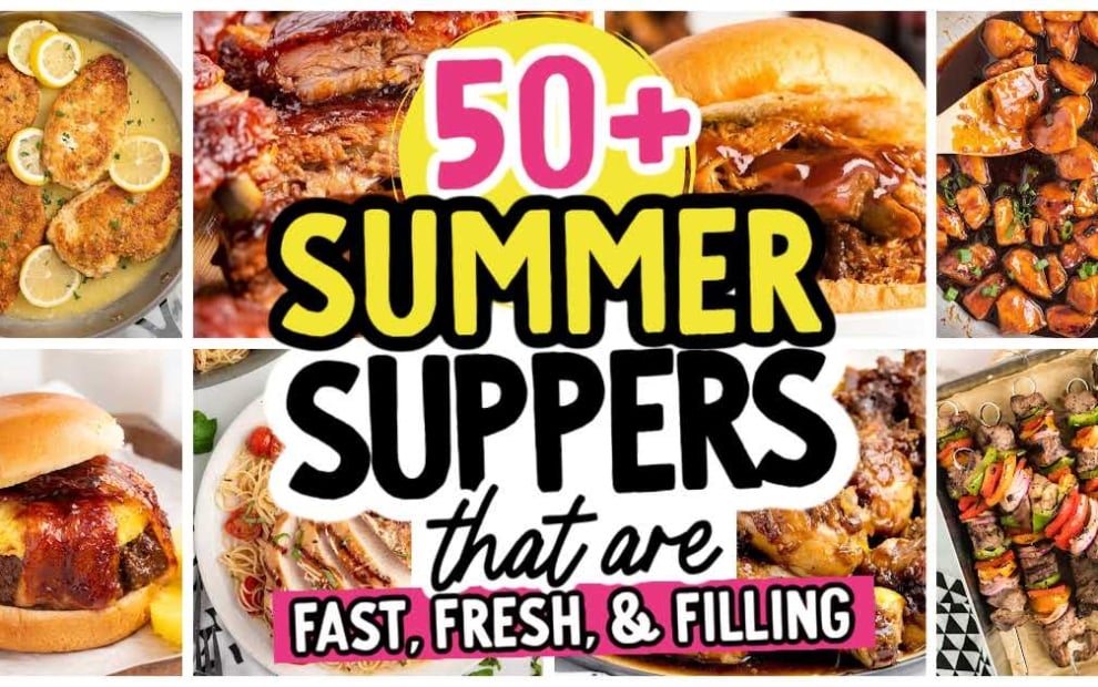 A collage of colorful summer dinners&mdash;chicken, burgers, pasta, and skewers&mdash;surrounds bold text: 50+ Summer Dinners That Are Fast, Fresh, and Filling.