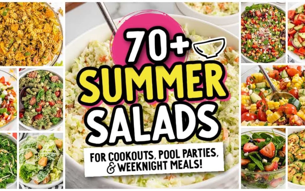 A collage of various colorful salads surrounds a central text that reads “70+ Summer Salads for cookouts, pool parties, & weeknight meals!” in bold letters. Each salad is displayed in a bowl with vibrant ingredients.