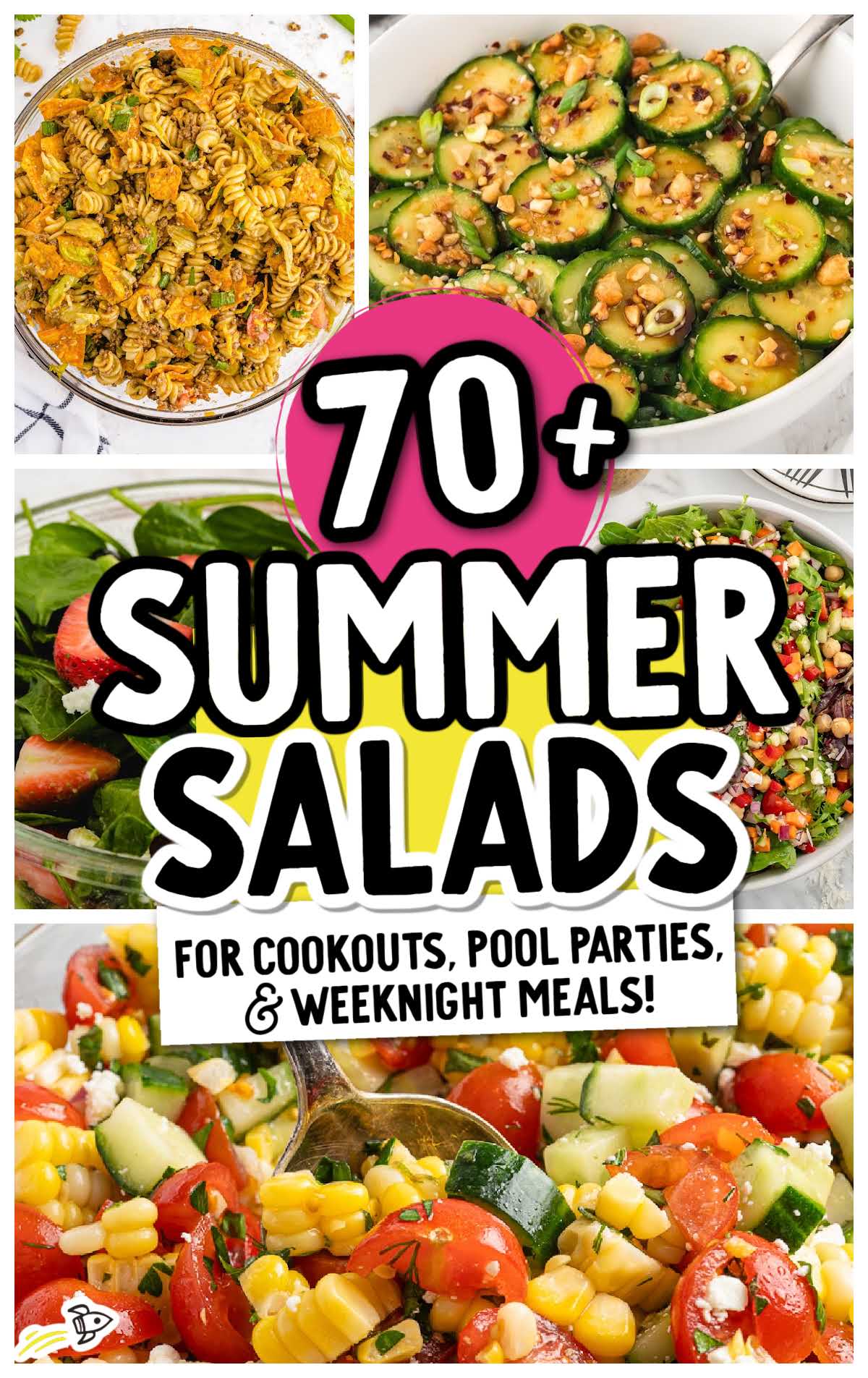 A collage of colorful summer salads, including pasta, cucumber, spinach with strawberries, corn, and a grain salad. Bold text reads: &ldquo;70+ Summer Salads for cookouts, pool parties & weeknight meals!&rdquo;.