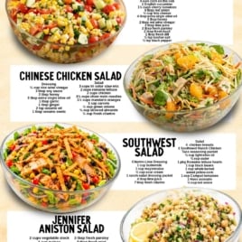 A colorful infographic titled 70+ Summer Salads featuring six different salad bowls with ingredient lists: Corn Salad, Chinese Chicken Salad, Southwest Salad, Jennifer Aniston Salad, and Chicken Bacon Ranch Salad. Text reads So easy to make!!.