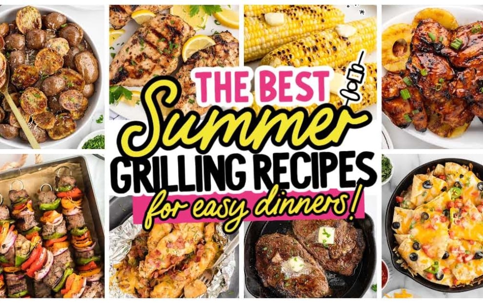 A collage of grilled summer dishes, including potatoes, chicken, corn, barbecue chicken, kebabs, shrimp, steak, nachos, and peaches, with the text The Best Summer Grilling Recipes for Easy Dinners! in the center.