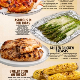 A colorful infographic titled Easy Summer Grilling Recipes! showcases the best grilling ideas like fireball chicken, asparagus in foil packs, grilled corn on the cob, and potatoes for easy dinners, complete with recipes and serving suggestions.