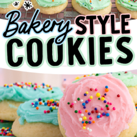 Bakery-style Sour Cream Cookies topped with pink and green frosting and colorful sprinkles are displayed on a cooling rack and stacked on a plate. Text reads Bakery Style Cookies and Vintage Recipe.