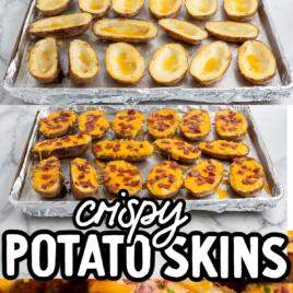 Four stacked images show the process of making Baked Potato Skins: whole baked potatoes, halved and hollowed skins, halves topped with melted cheese and bacon, and finished potato skins with sour cream and chives.