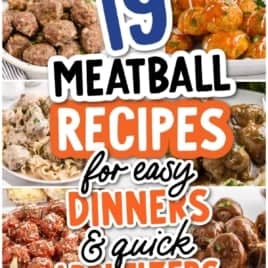Collage of meatball dishes with text: 19 Meatball Recipes For Easy Dinners and Quick Appetizers. Various meatballs are shown with sauces, pasta, and garnishes, highlighting different flavors in appetizing presentationsโperfect inspiration for your next meal or party spread.
