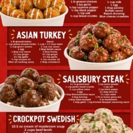 Six types of meatballs, each with a photo and recipe: Buffalo Chicken, Asian Turkey, Salisbury Steak, Crockpot Swedish, and Grape Jelly. The title reads 19 Delicious Meatballs in bold red and yellow text, offering a tasty preview of 19 Meatball Recipes For Easy Dinners and Quick Appetizers.