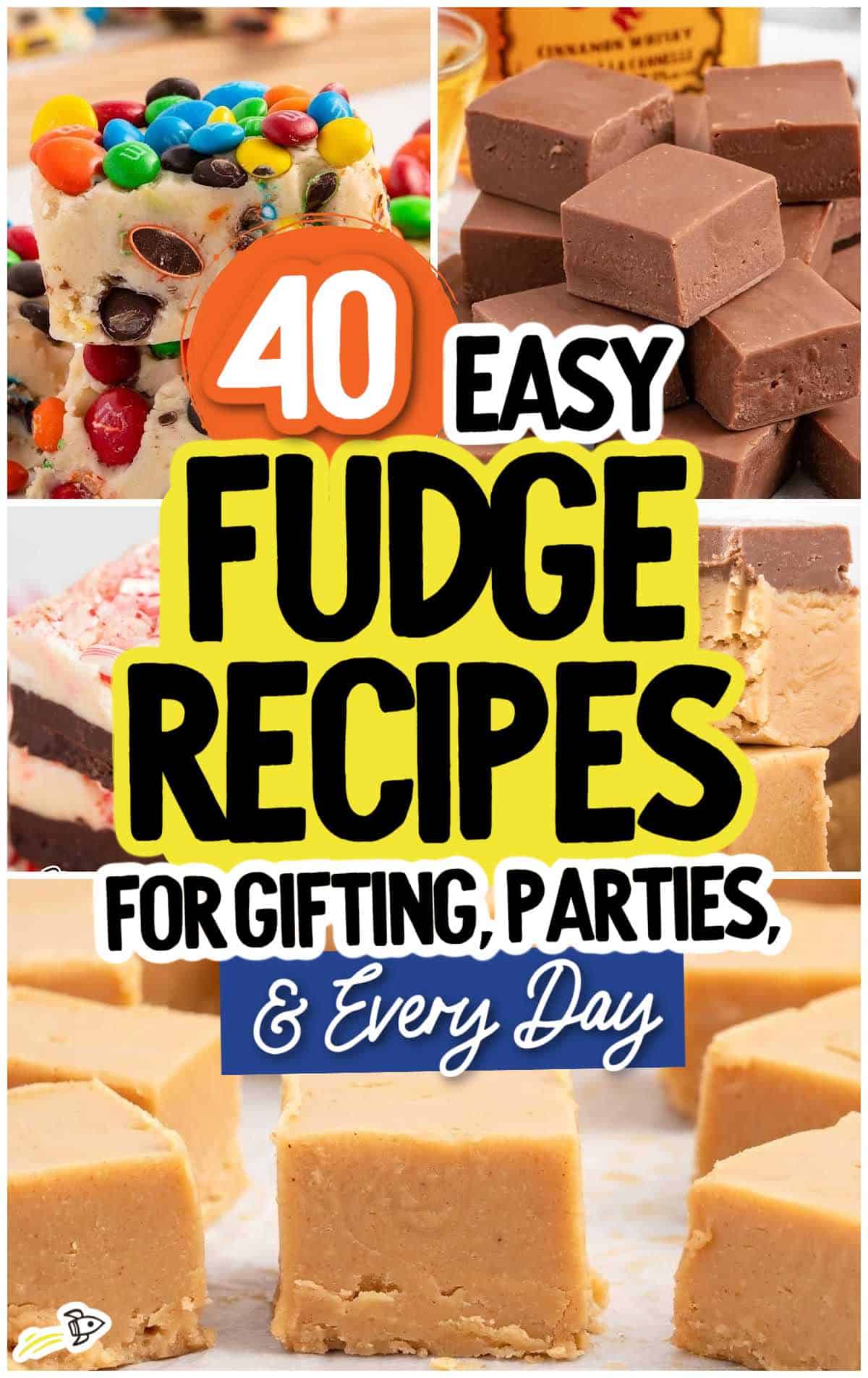 Collage image featuring various types of fudge, including easy fudge topped with colorful candies and plain fudge squares, with bold text: 40 Easy Fudge Recipes for Gifting, Parties, & Every Day.