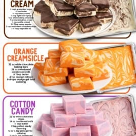 Infographic titled The easiest ever fudge flavors you can make every day, featuring easy fudge recipes like Boston Cream, Orange Creamsicle, Cotton Candy, and Chocolateโcomplete with images and ingredient listsโperfect for gifting.