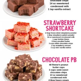 Four types of easy fudge shown in stacks: plain chocolate, strawberry shortcake with crumbs, chocolate peanut butter with swirls, and marbled strawberry. Each varietyโs fudge recipe is listed by the imageโperfect for gifting or sharing.
