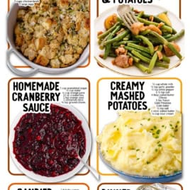 Six Thanksgiving sides are pictured: stuffing, green beans with potatoes, homemade cranberry sauce, creamy mashed potatoes, candied carrots, and dinner rolls. Each dish perfectly complements turkey and features recipe info in a colorful, festive layout—making it easy to find your favorite Thanksgiving recipes for the holiday table.