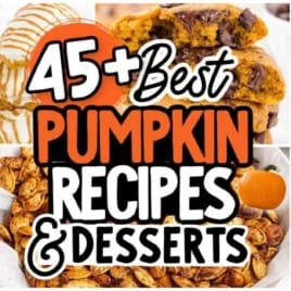 Collage of the best pumpkin recipes, featuring pumpkin desserts, soups, muffins, and cookies with text overlay: 45+ Best Pumpkin Recipes & Desserts. A festive pumpkin graphic decorates the text. Dishes are topped with whipped cream, icing, and seeds.